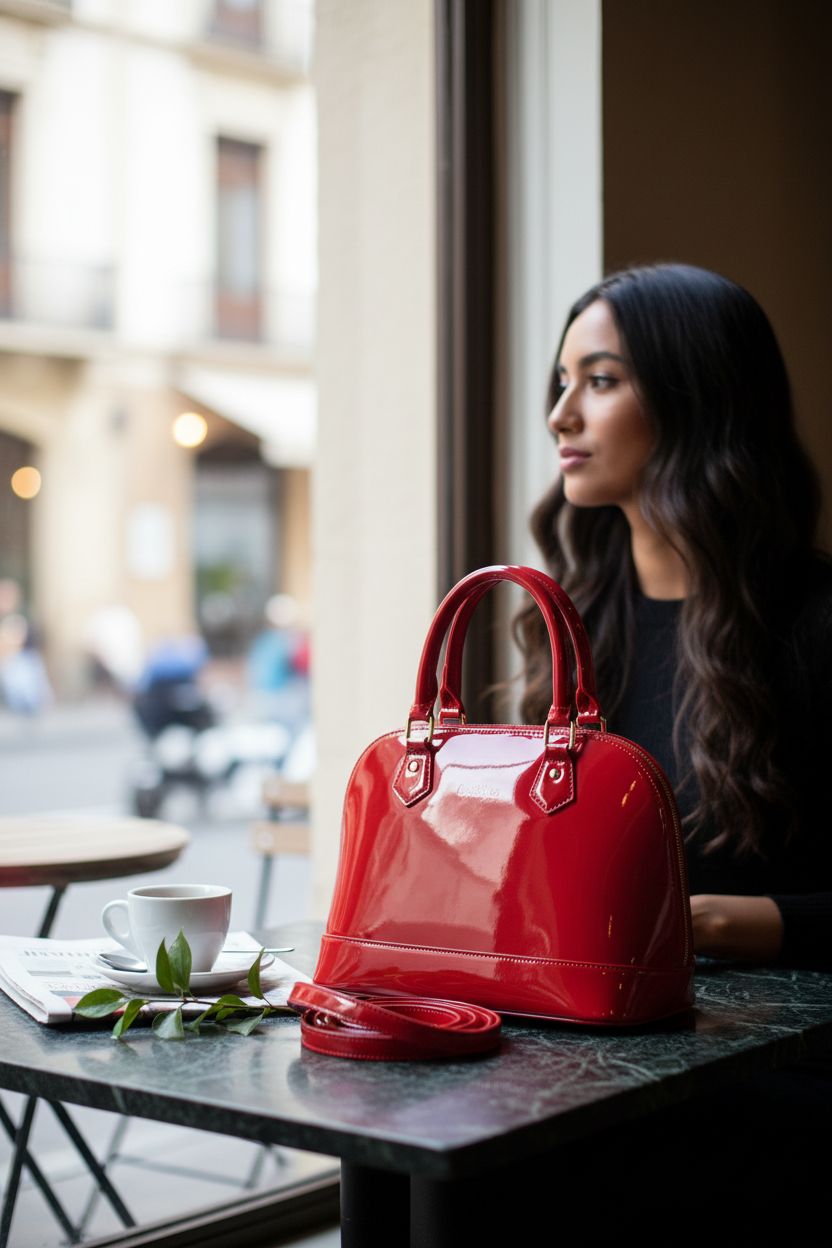 Yan Show red leather handbag beside coffee and newspaper in cozy café setting, exuding sophistication.