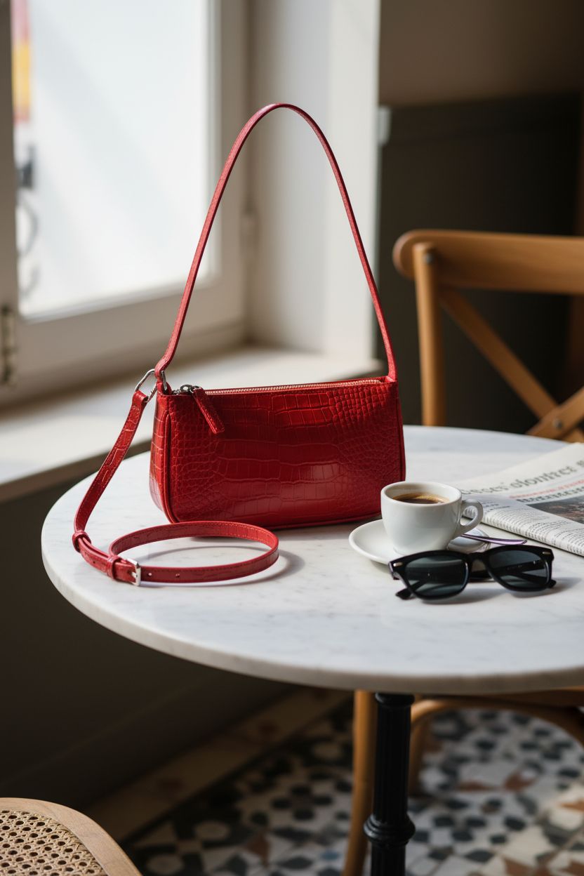 WSRYDJDL red crocodile purse on marble table with coffee and sunglasses