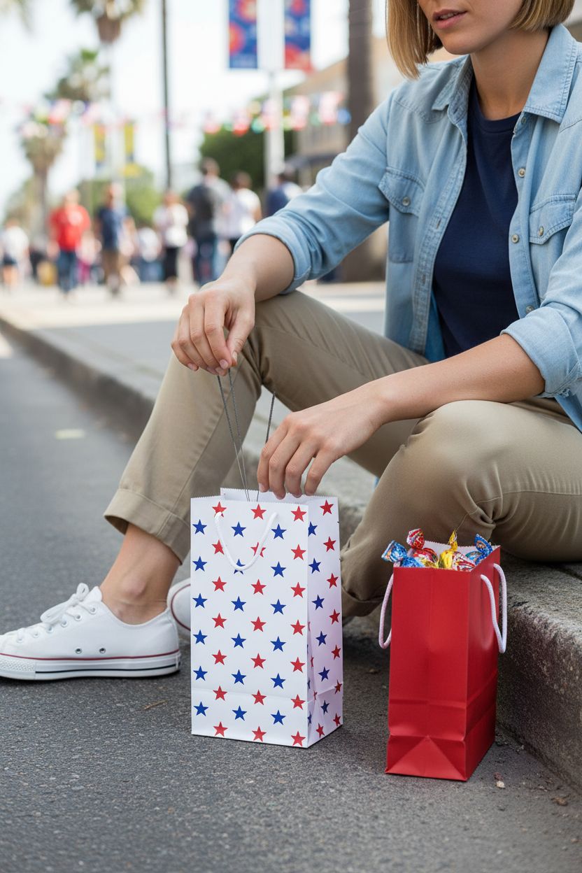 American Greetings red, white, and blue bag with star print, perfect for celebrations.