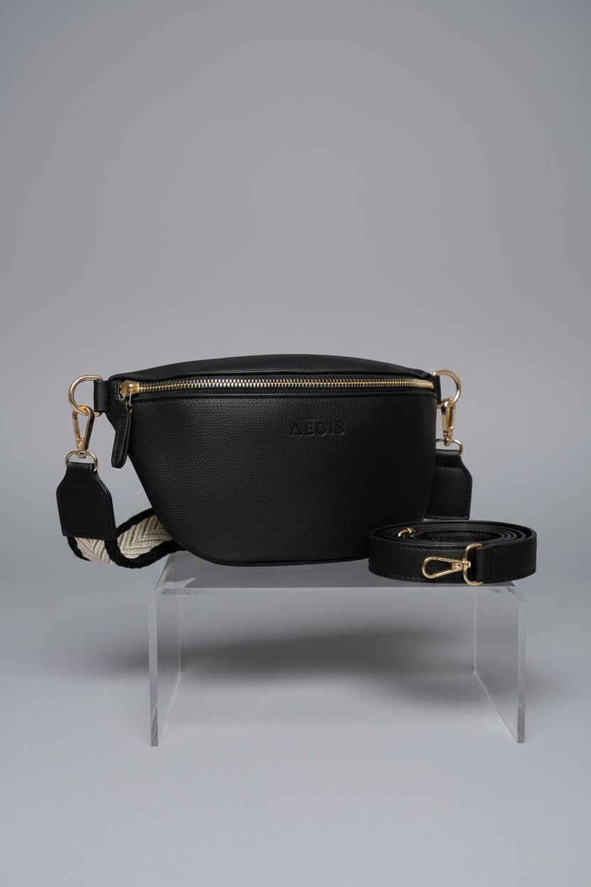 Close-up of Aegis Apparel RFID crossbody bag showcasing vegan leather and straps.