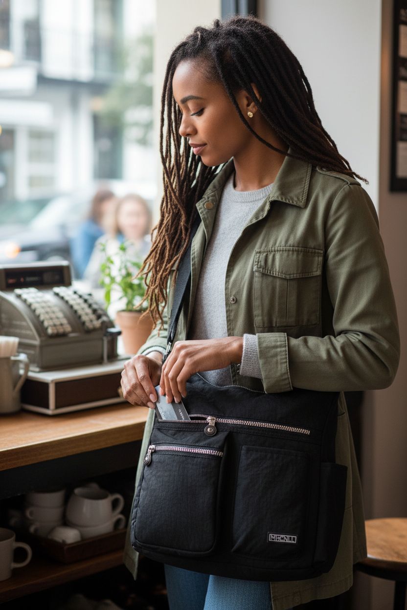 MHCNLL crossbody bag in black at a café, showcasing RFID pocket and stylish design.