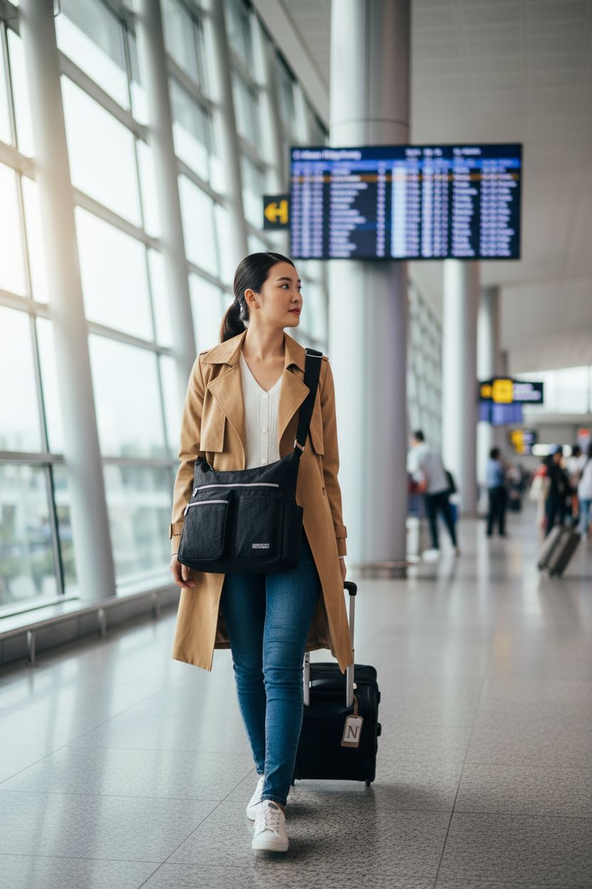 MHCNLL lightweight black RFID purse worn crossbody at an airport, perfect for travelers.