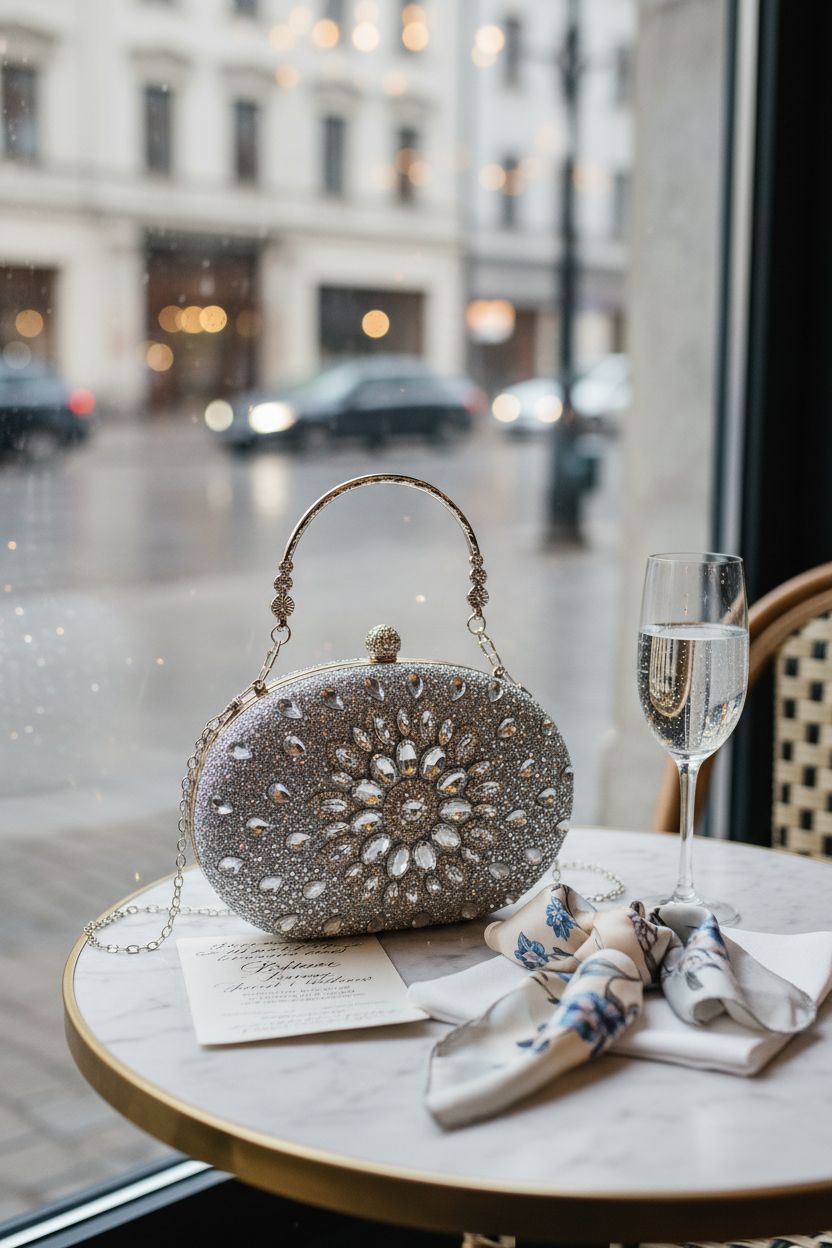 Suhatjia rhinestone clutch on a marble tabletop in a cozy café, showcasing its chic design for weddings.