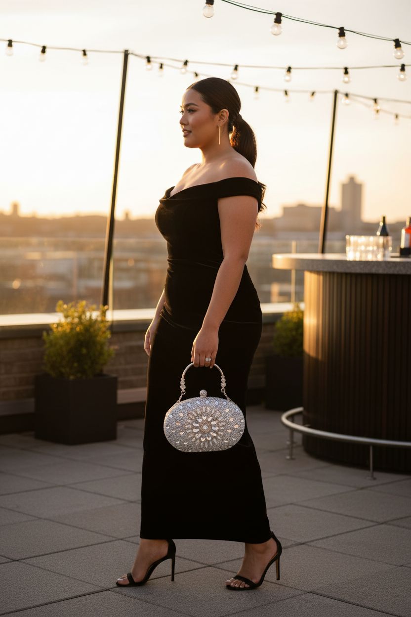 Suhatjia silver rhinestone clutch purse on a rooftop during sunset, perfect for evening weddings.
