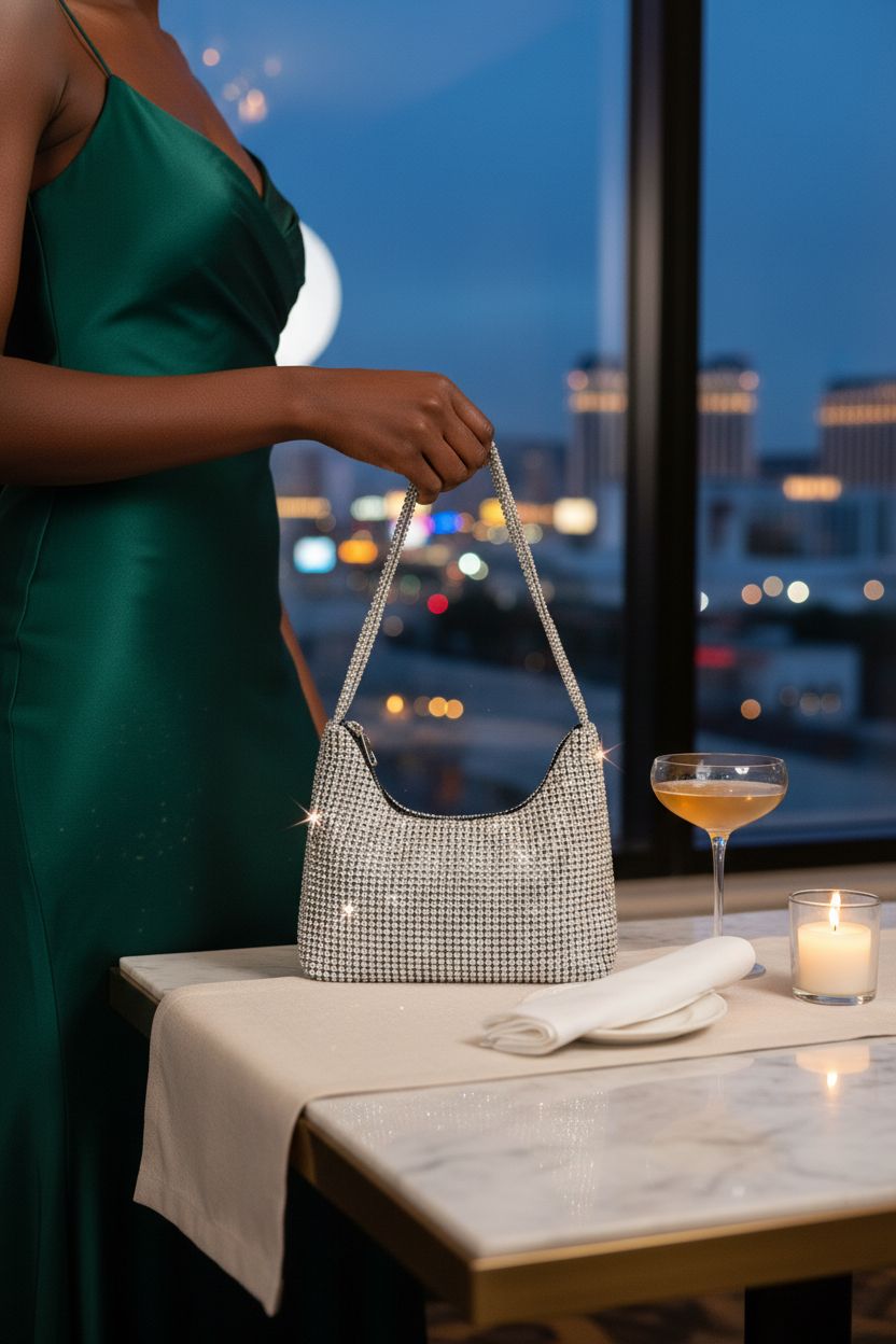 OSDUE silver rhinestone purse on a marble table in a cocktail lounge, creating a luxurious ambiance.