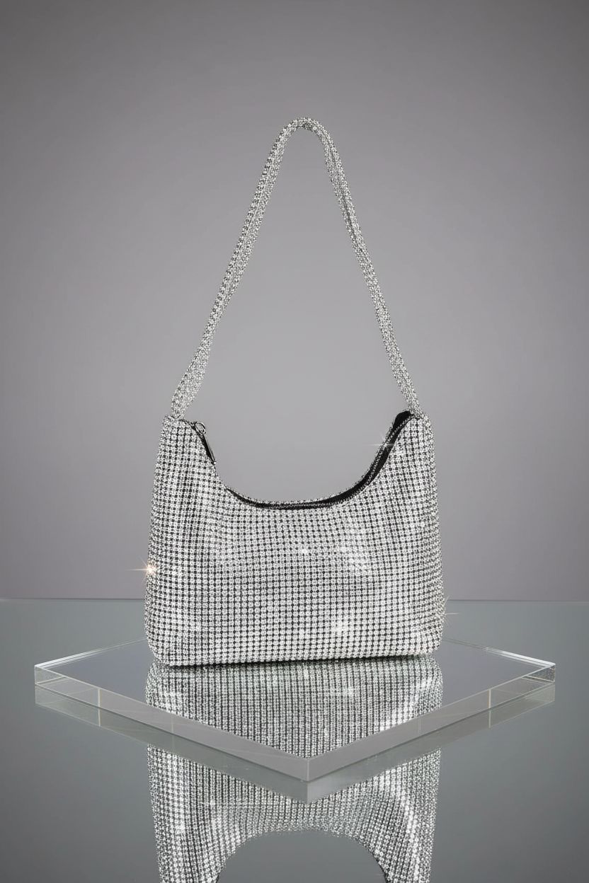 OSDUE rhinestone purse showcased against a gray backdrop, focusing on its elegant design and craftsmanship.