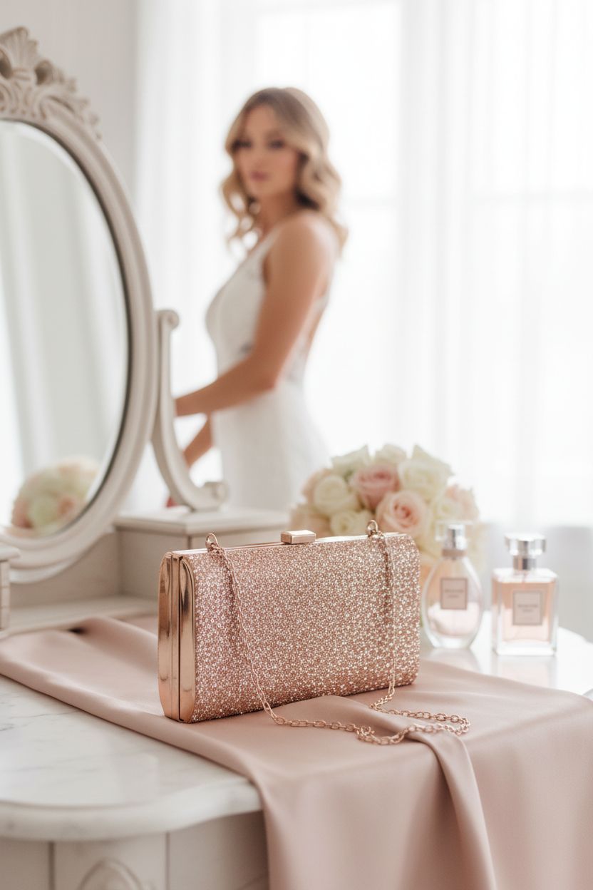 Kigeli rose gold clutch on a marble table, styled with a silk scarf and peony bud vase for elegance.