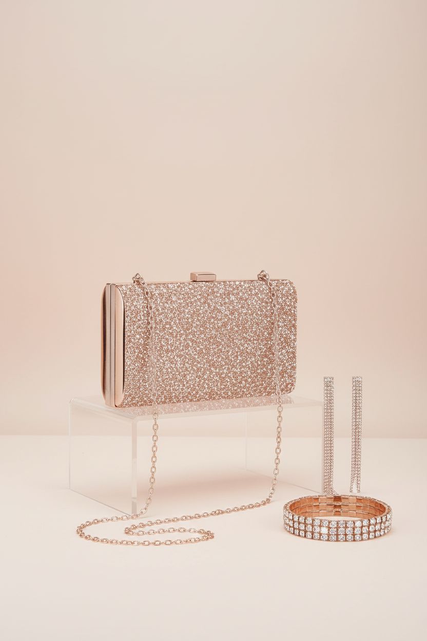 Kigeli rose gold clutch displayed on an acrylic riser, highlighting its rhinestones and PU leather finish.