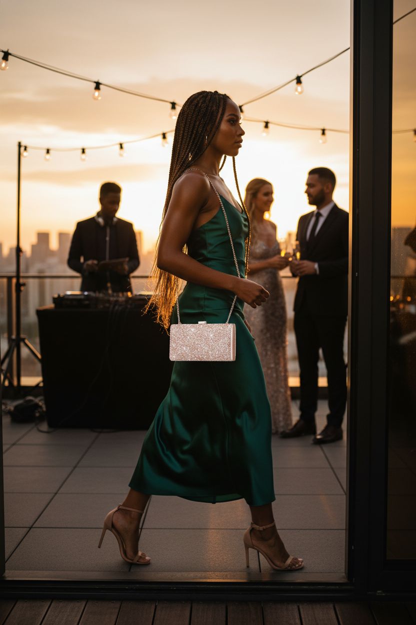 Kigeli rose gold rhinestone clutch at a garden wedding, showcasing elegant sparkle and style.