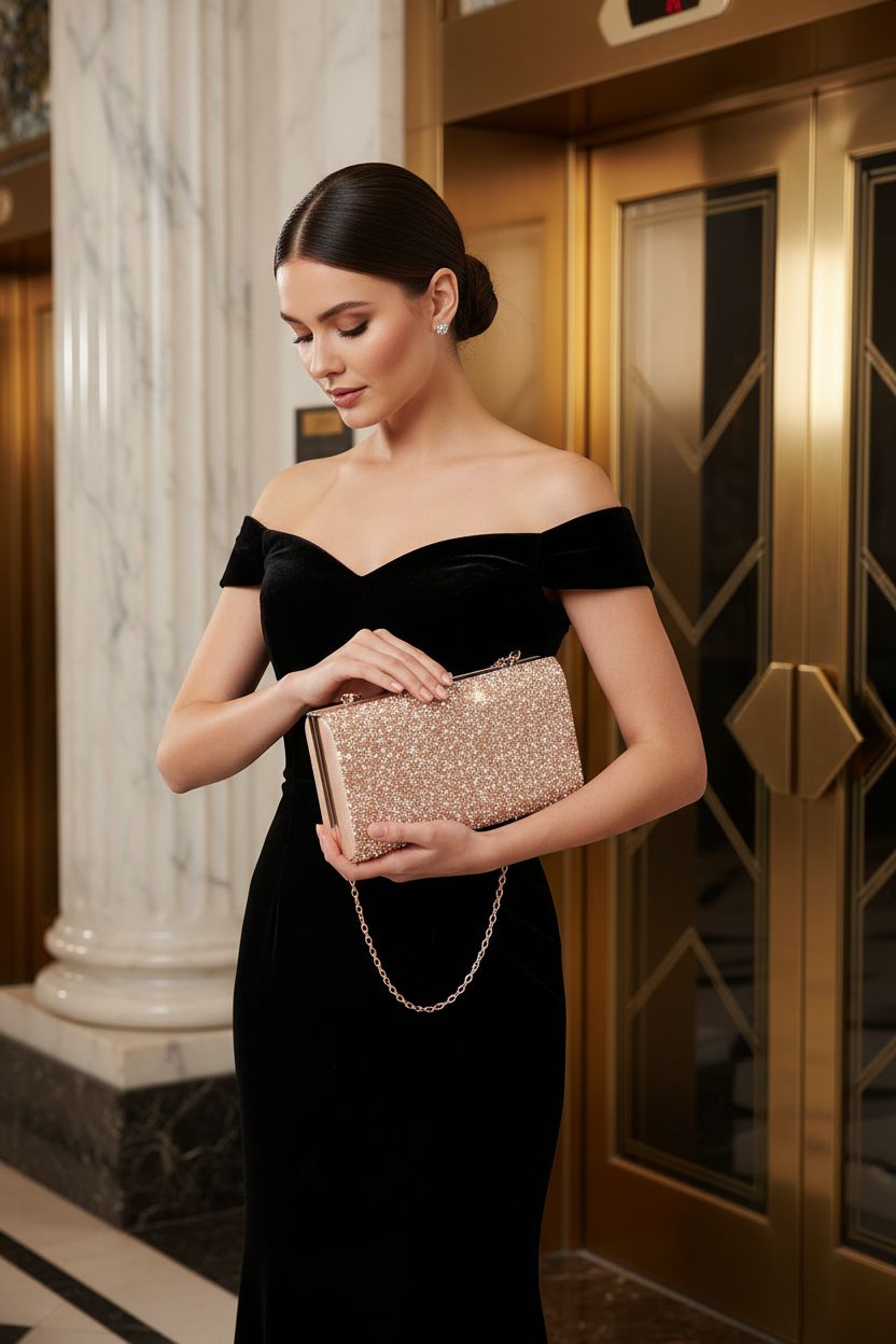 Kigeli rose gold clutch sparkling at a rooftop cocktail party, complementing a chic satin dress.