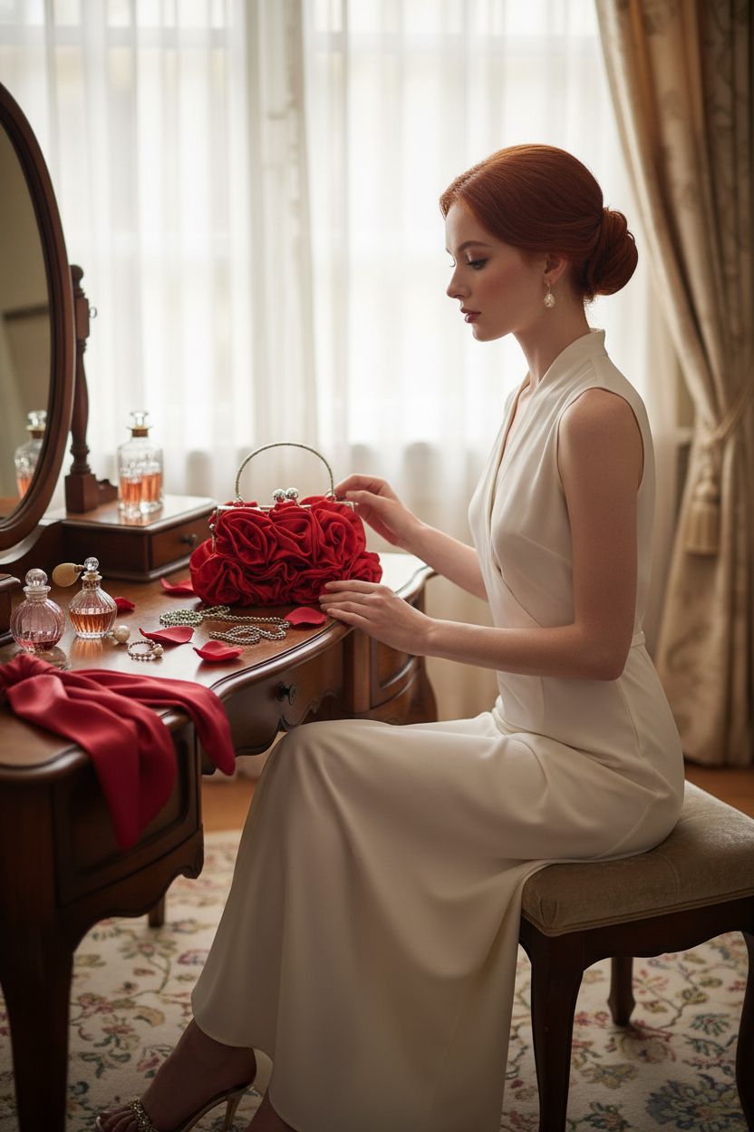 JAMBHALA red satin rose purse on a vintage vanity in a cozy dressing room