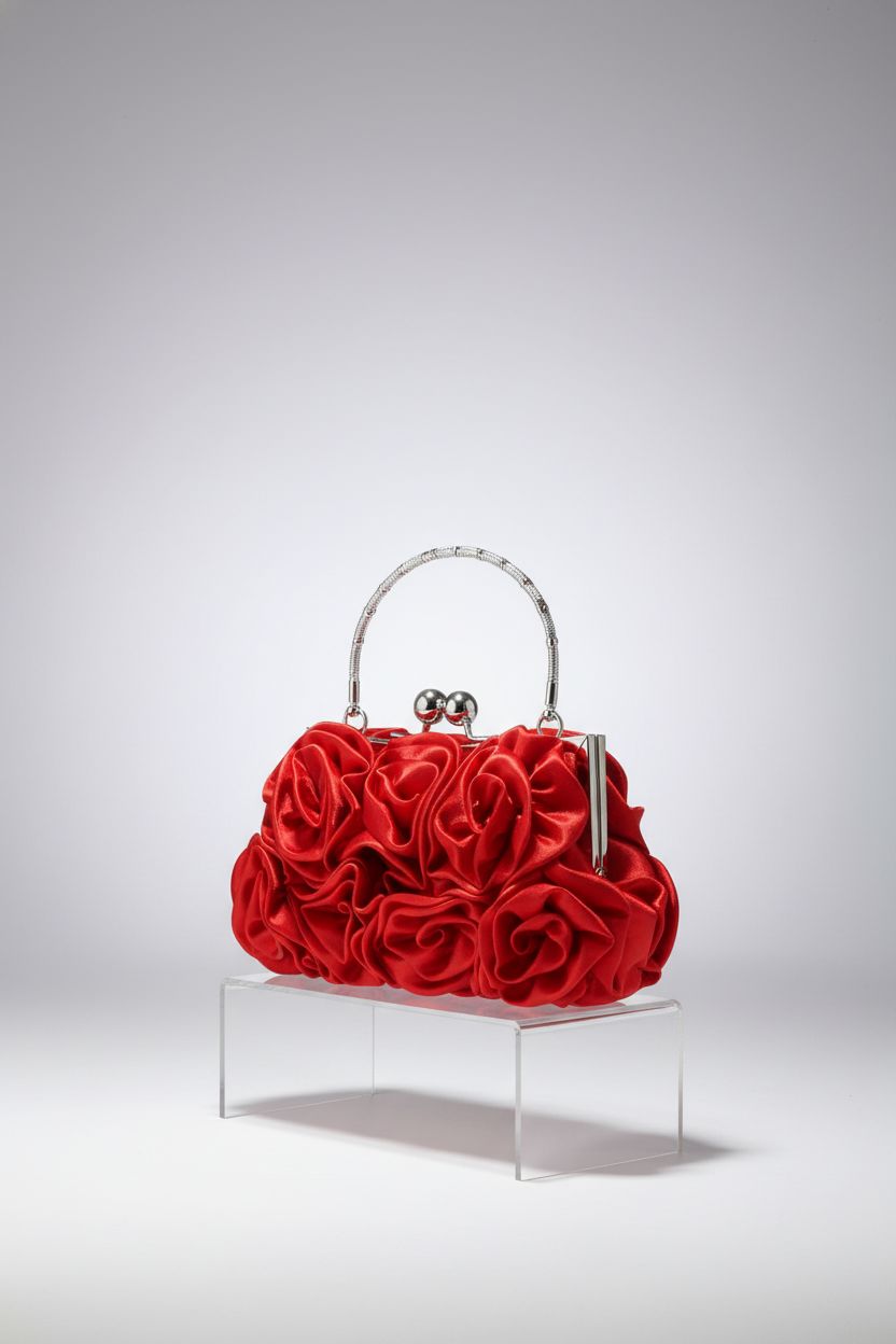 JAMBHALA red satin rose purse displayed on a clean studio backdrop