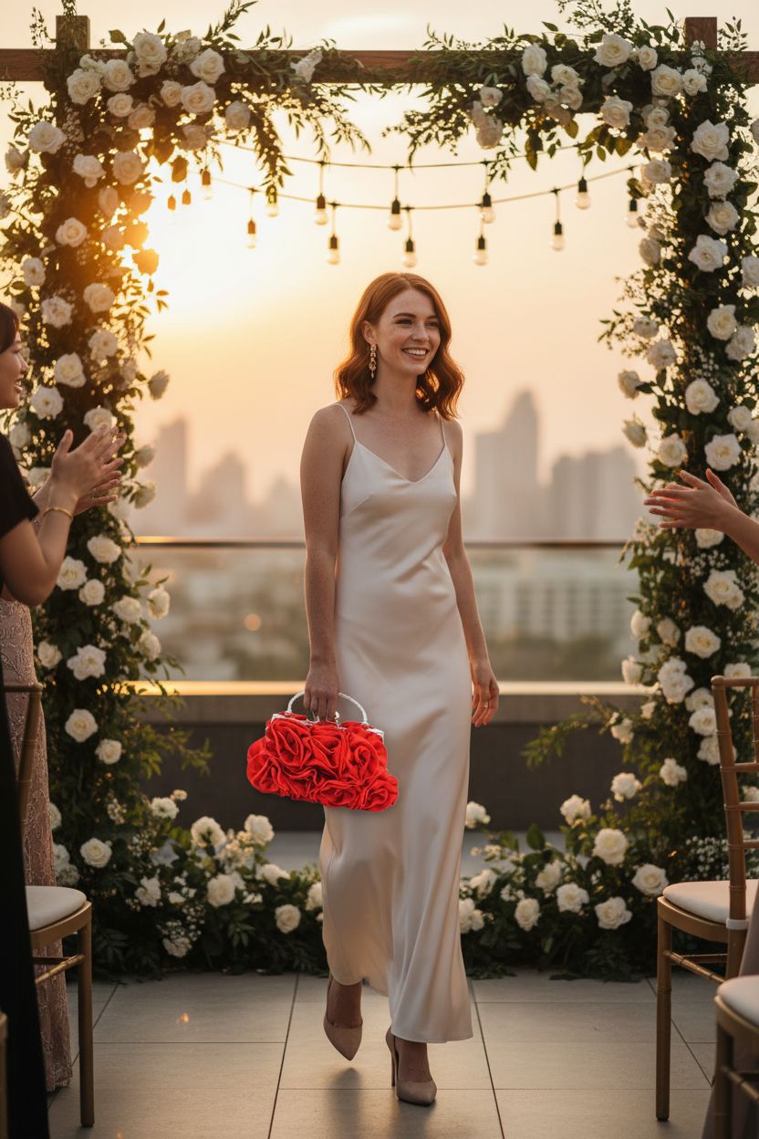 JAMBHALA red satin rose purse held at a wedding reception with floral decor