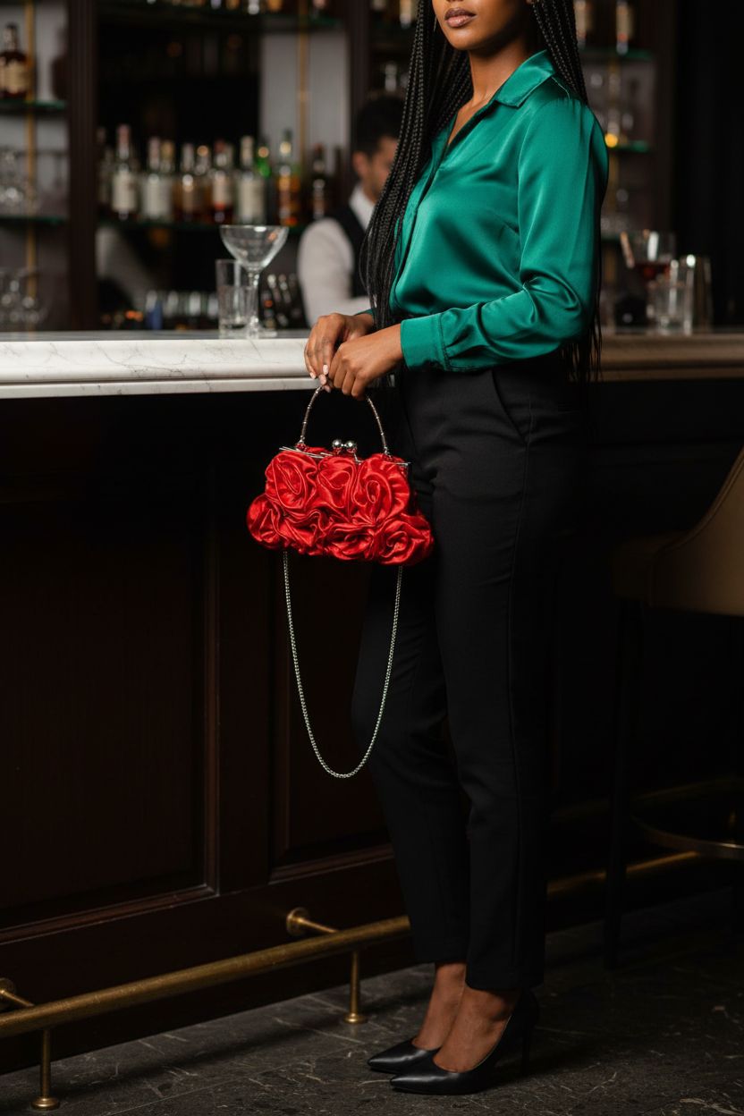 JAMBHALA red rose purse resting on a marble bar in a stylish cocktail lounge