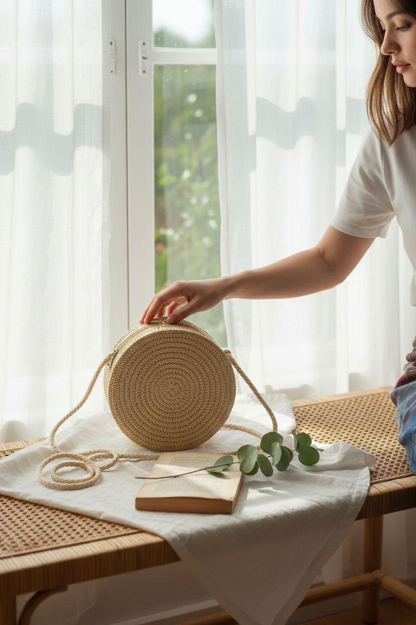 AdiStylinno round straw bag resting on a rattan bench in a sunlit cottage nook, showcasing its elegant design.