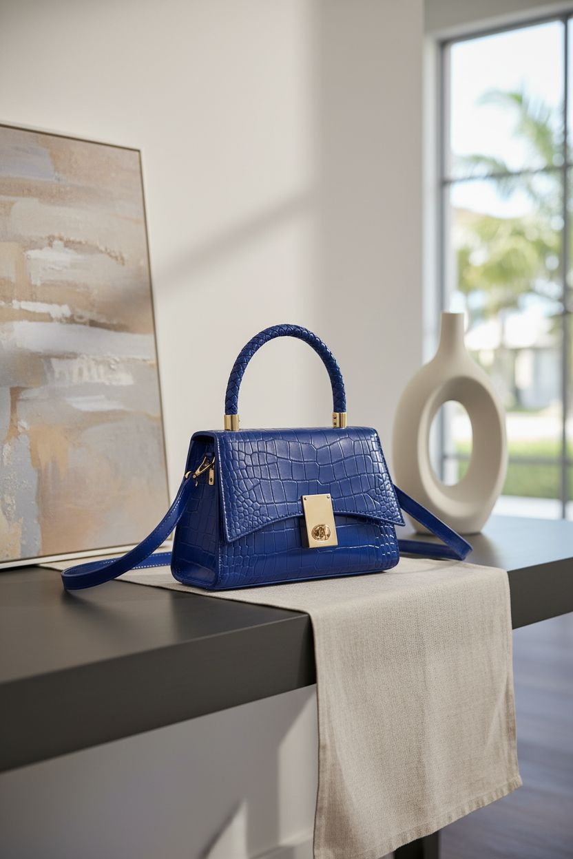 JHVYF royal blue croc bag elegantly displayed in serene foyer with soft lighting.