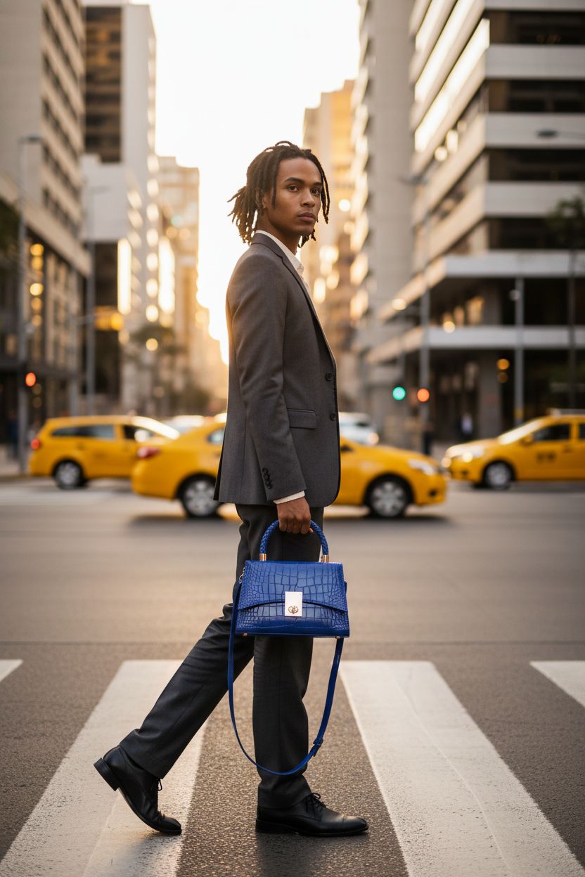 JHVYF royal blue purse in urban setting, stylish croc texture and top handle design.