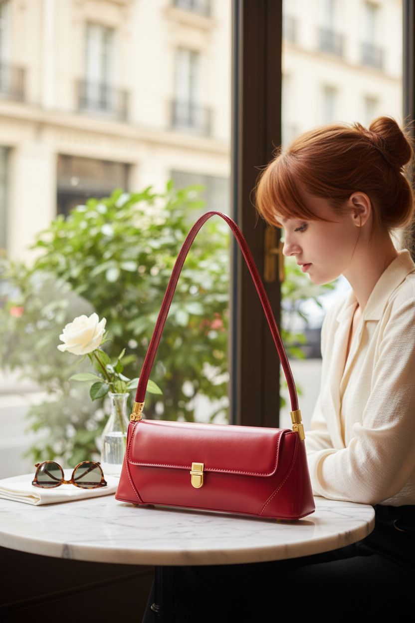 Cuiab ruby red purse elegantly placed on marble café table with sunglasses and a vase, capturing a cozy mood.
