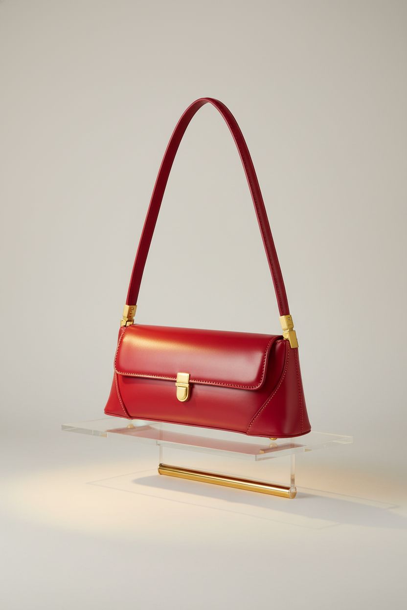 Cuiab ruby red purse showcased on a clear riser, highlighting its gold hardware and smooth PU leather.