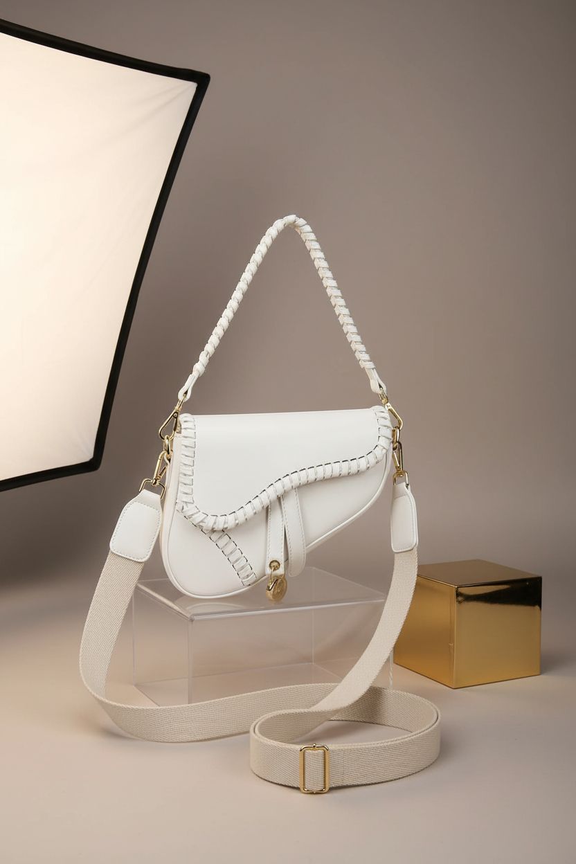 PURFANREE white saddle bag displayed on acrylic riser with gold accents in studio