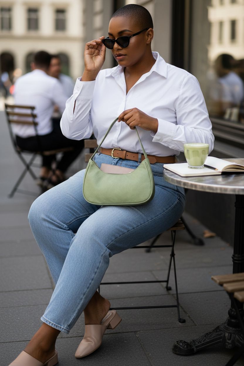 Afashor vegan leather sage green purse on a lap at a café with a matcha drink.