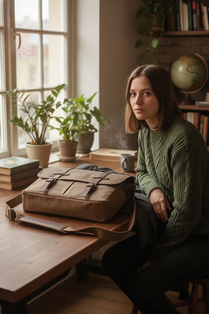 NEWHEY waxed-canvas satchel in a cozy study nook with field guides