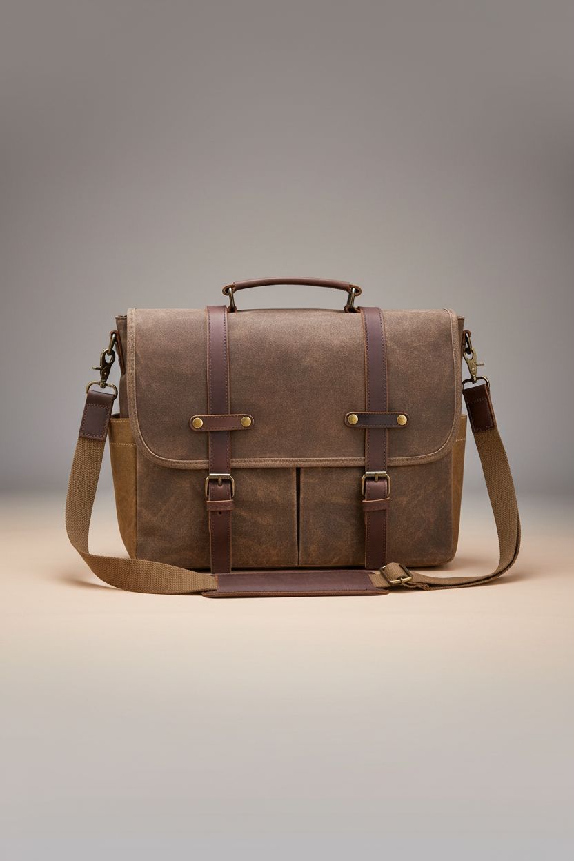 NEWHEY brown leather satchel bag on a seamless gray backdrop showcasing detail