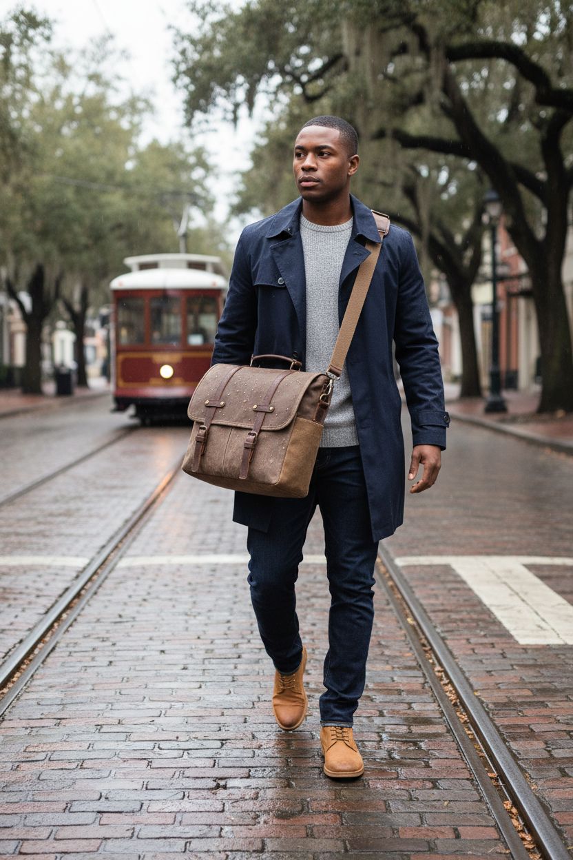 NEWHEY brown waxed-canvas satchel bag worn cross-body on a cobblestone street