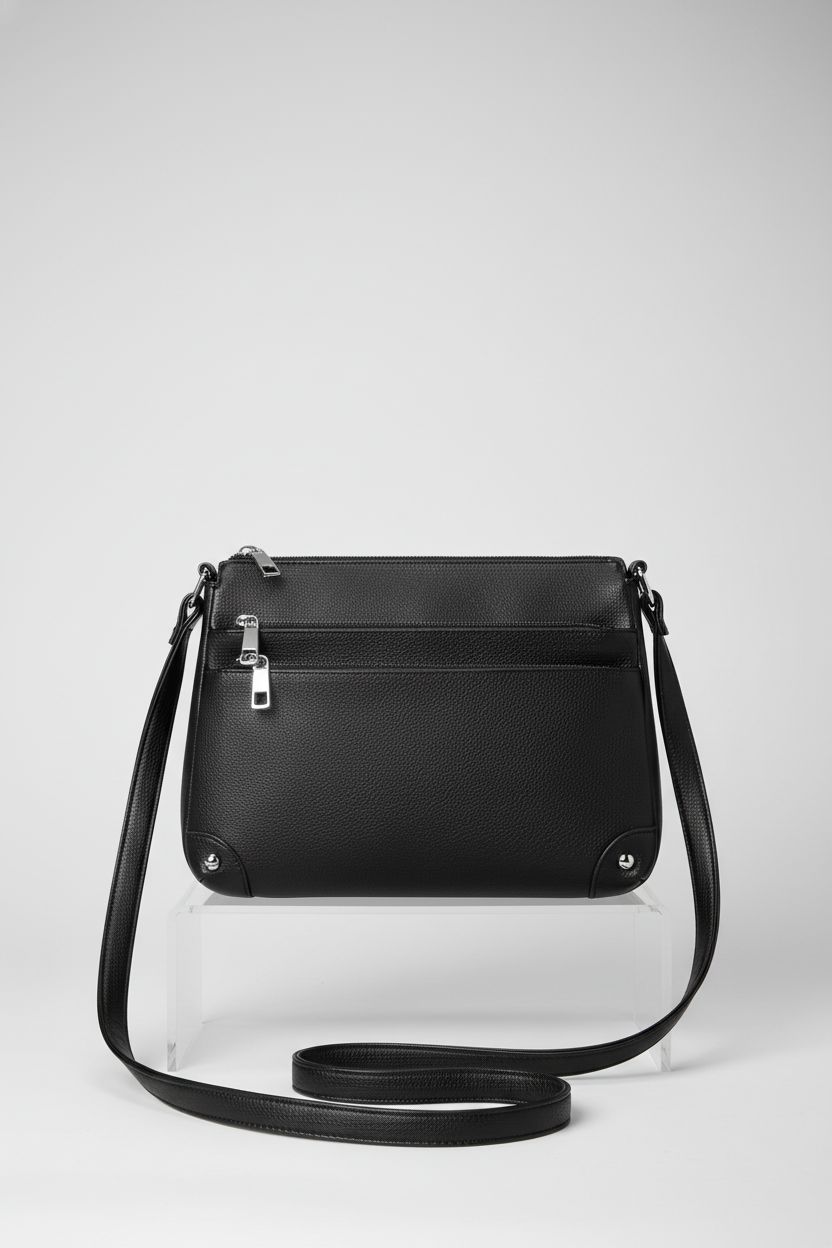 Close-up of the WESTBRONCO black satchel purse, highlighting its sleek design and material details.