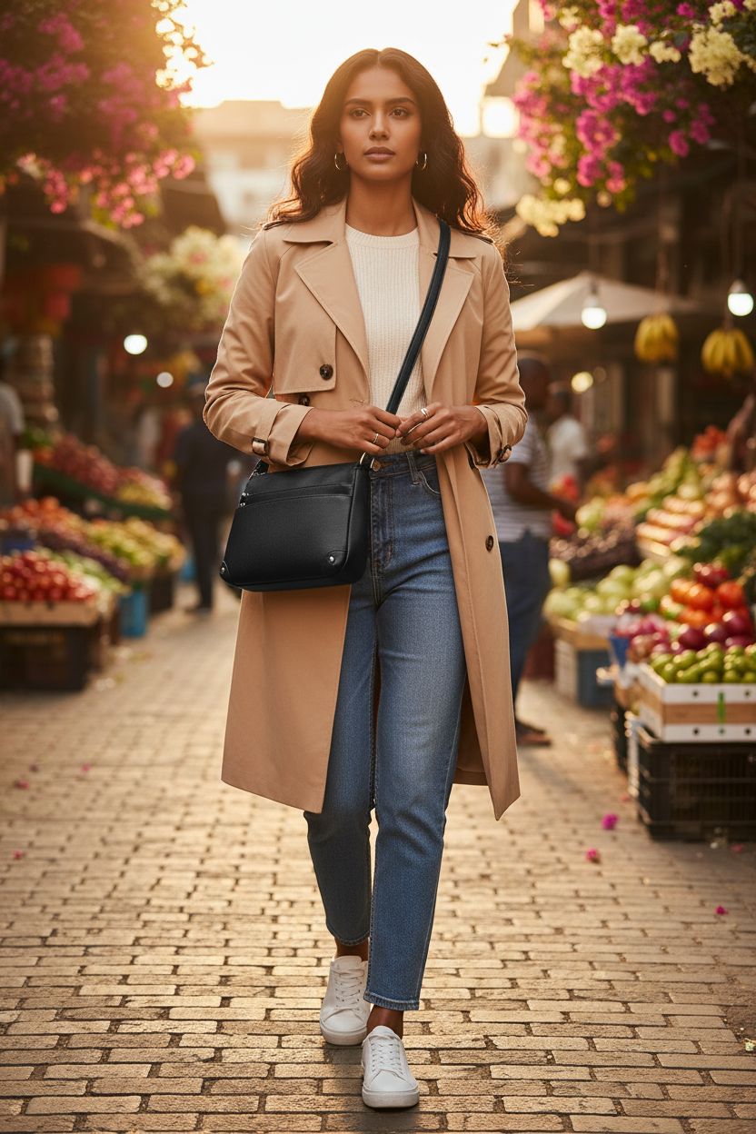 WESTBRONCO vegan leather satchel purse showcased in a vibrant outdoor market scene.