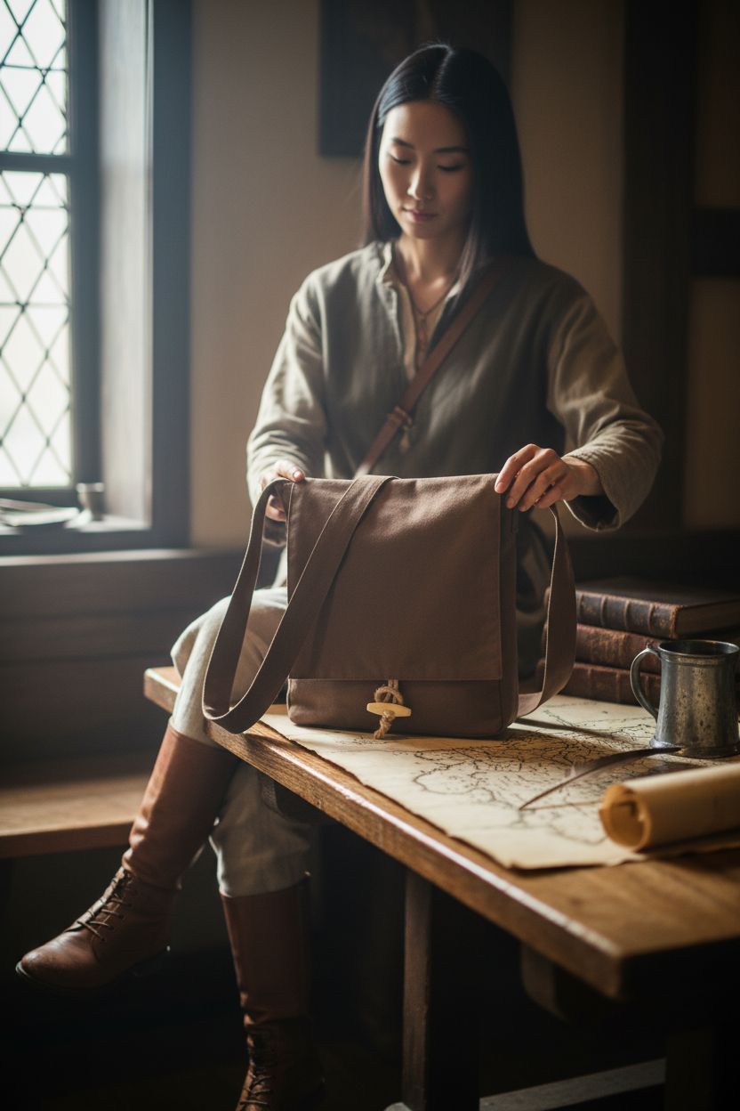 PROCOS Viking Canvas Shoulder Bag on a rustic table next to a map and quill.