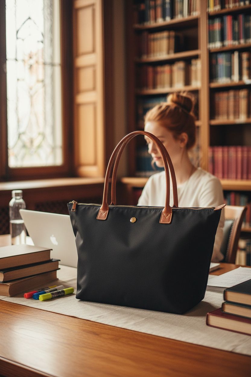 GM LIKKIE tote bag resting on a study table with textbooks and a laptop in a library