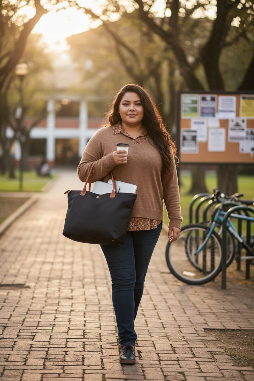 GM LIKKIE black nylon tote bag with coffee and laptop sleeve on a sunny college path