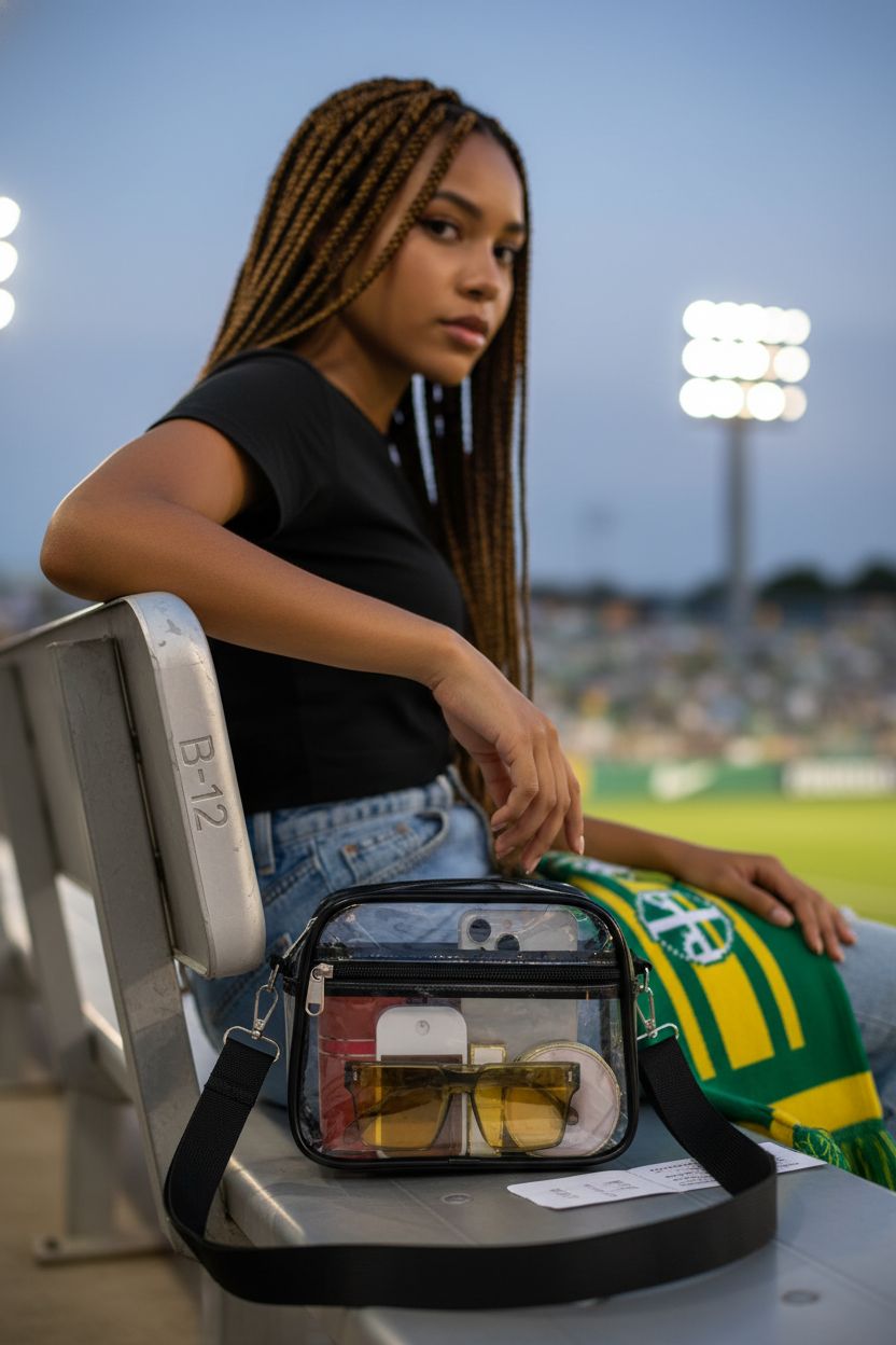 USPECLARE clear bag on aluminum bench, perfect for concerts and events