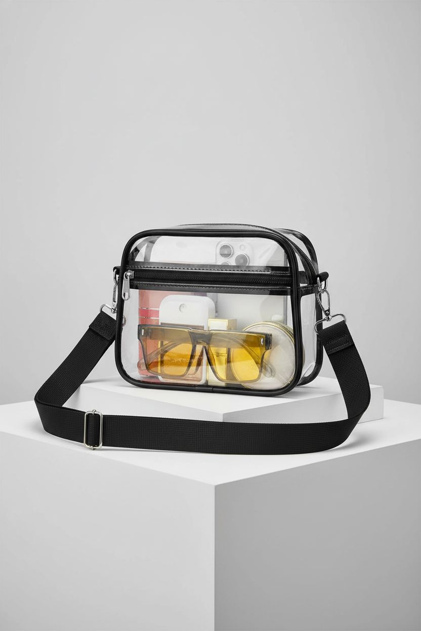 USPECLARE clear crossbody bag highlighting its design and transparent quality