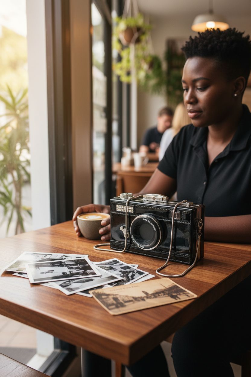 QZUnique camera-shaped handbag placed on a cozy café table, radiating creative vibes.