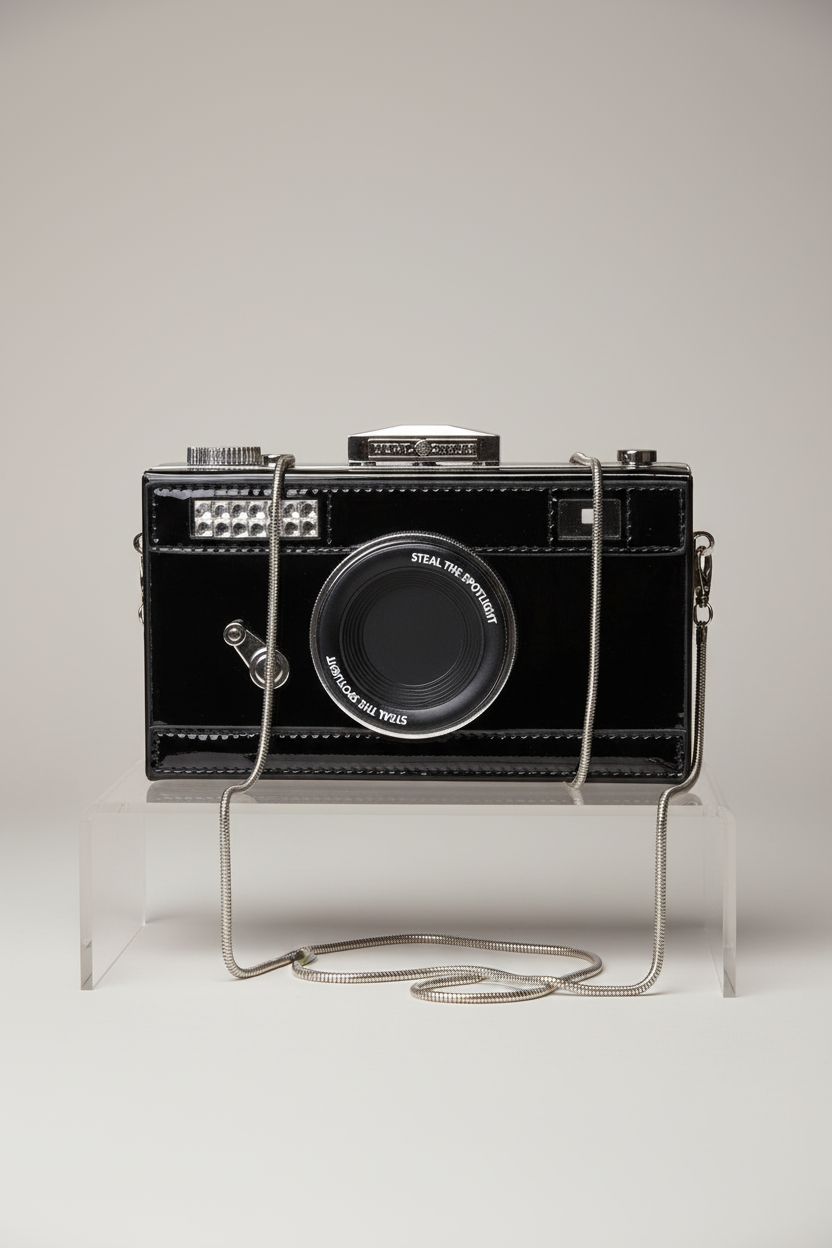 QZUnique camera-shaped purse displayed on a riser, highlighting its premium glossy finish.
