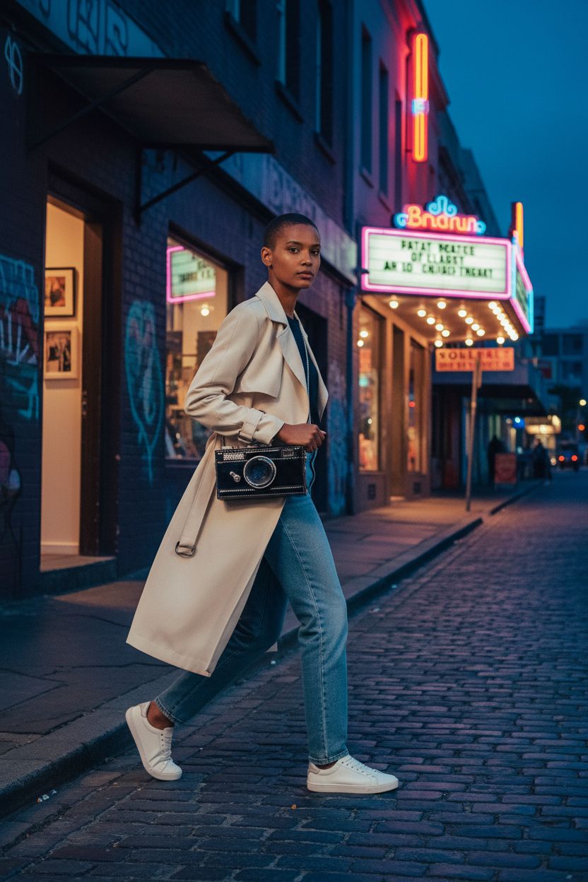 QZUnique camera-shaped purse in a stylish arts district setting, perfect for casual outings.