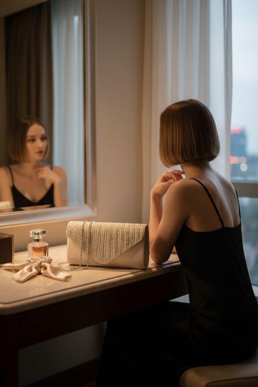 BBjinronjy champagne clutch beside a crystal perfume bottle in a serene hotel suite setting.