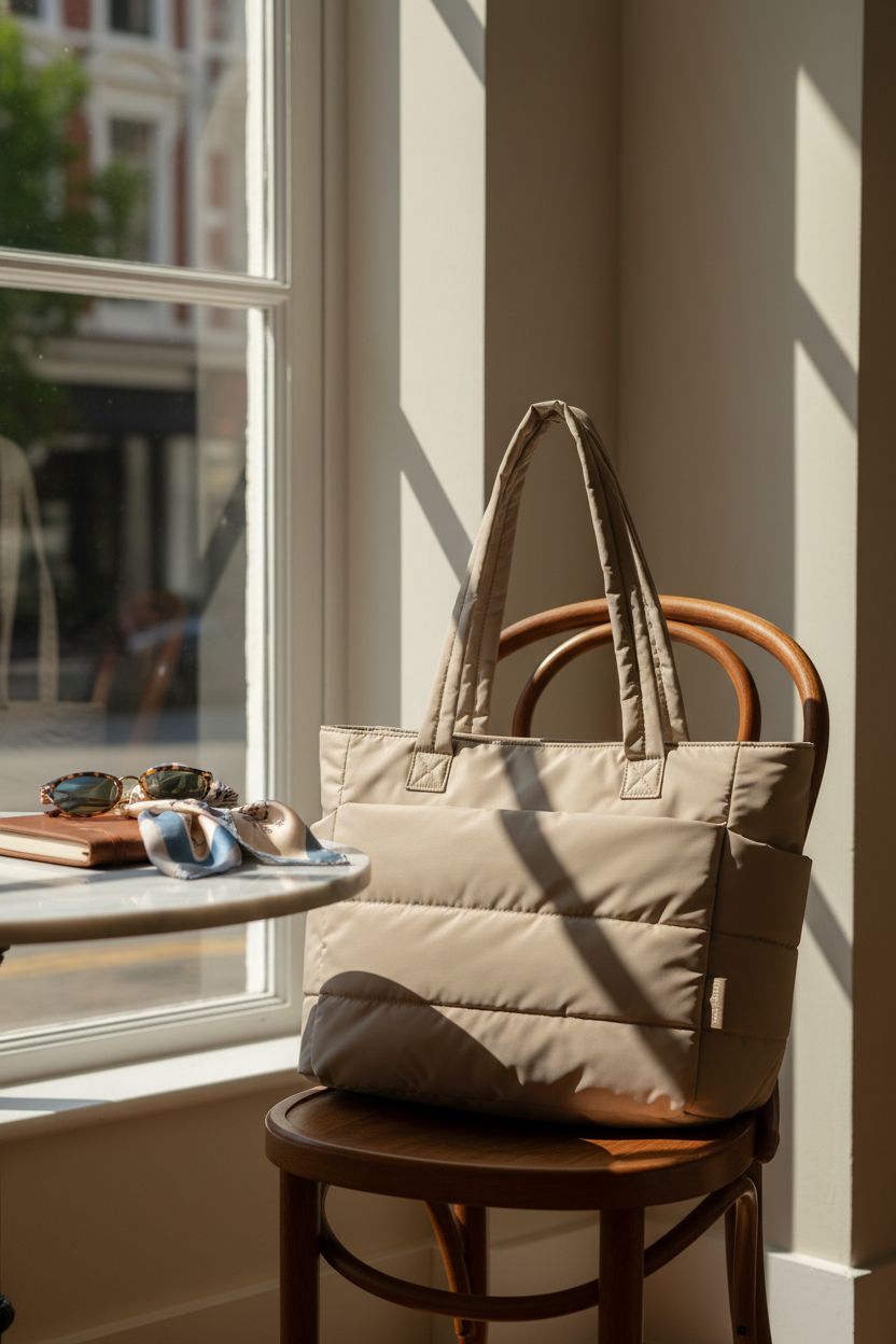 BAGSMART puffy tote bag on a café table, surrounded by a notebook and sunglasses, highlighting its chic design.