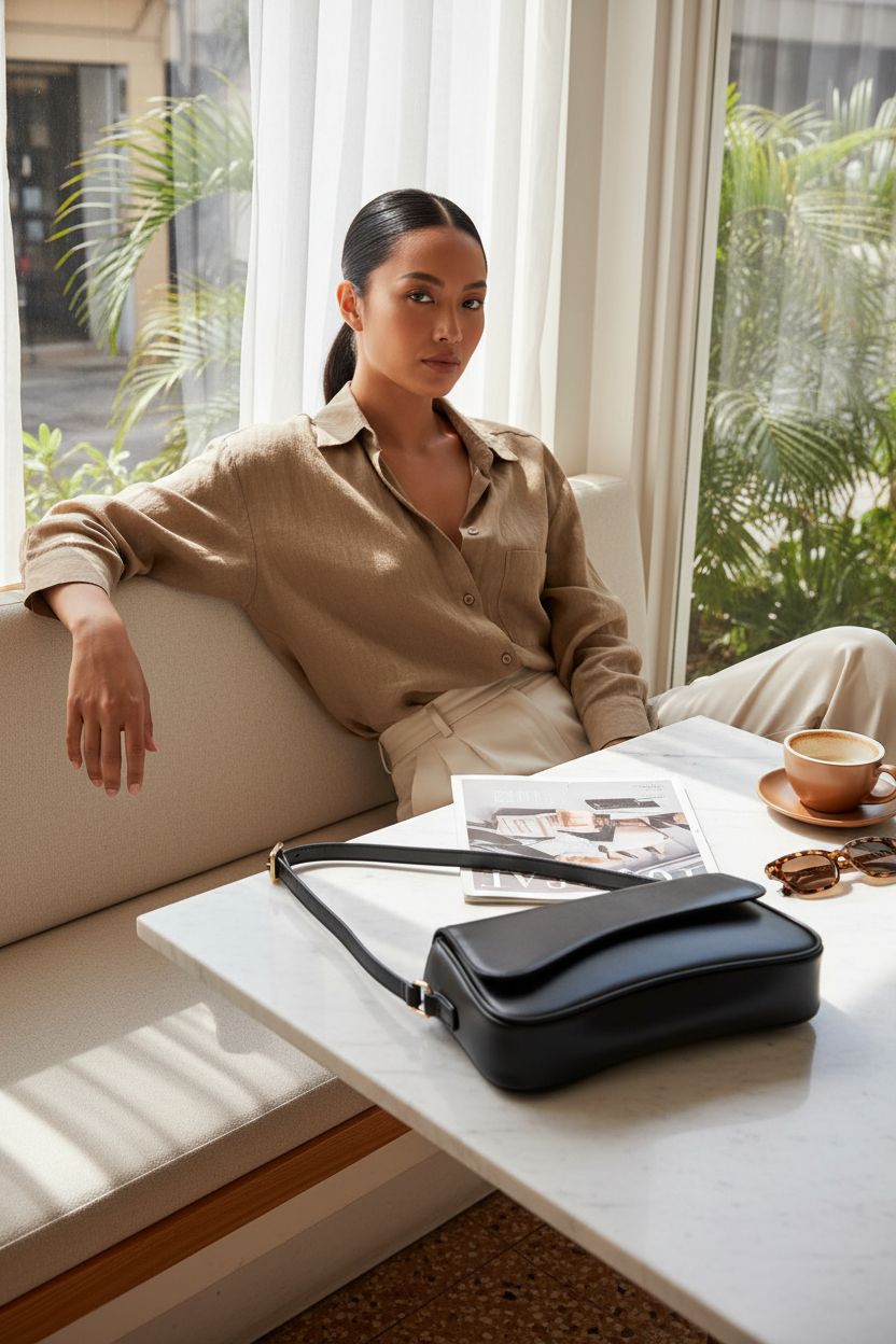 Amszke black shoulder bag beside a fashion magazine in a sunlit café nook.