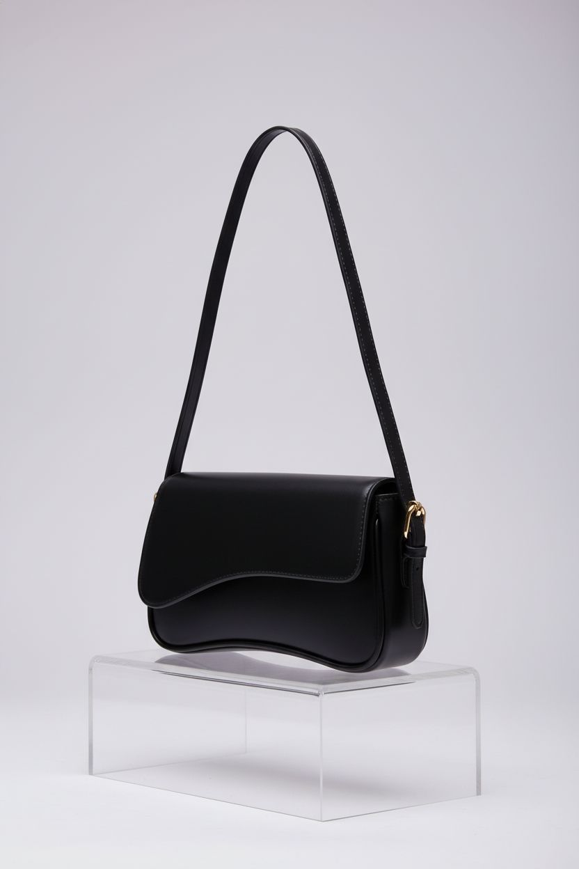 Amszke black shoulder bag displayed on a clear riser, highlighting its smooth vegan leather finish.