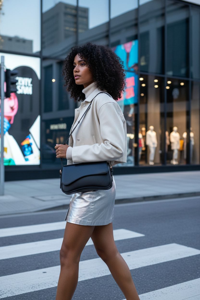 Amszke vegan leather black shoulder bag contrasting with trendy outfit on a shopping street.