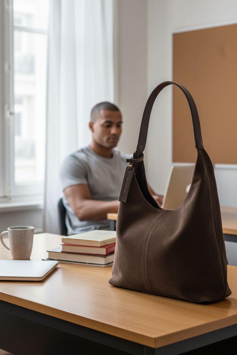 XKE-X Tote Bag in a study nook with textbooks, illustrating its spacious design and ideal use for college students.