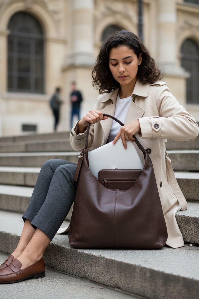 XKE-X Soft PU Leather and Suede Tote Bag on stone steps, showcasing large capacity and interior pockets for college use.