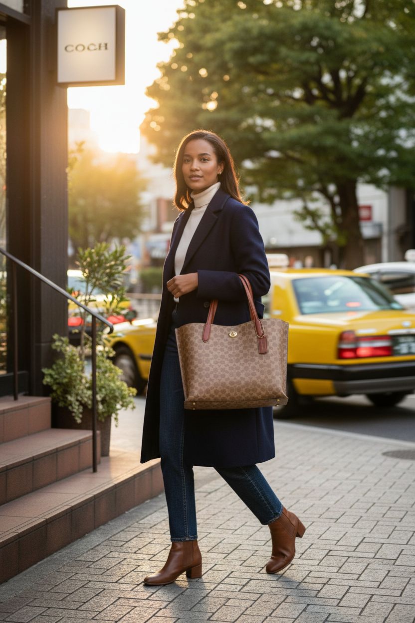 COACH Coated Canvas Signature Willow Tote in tan rust, stylishly carried on a city sidewalk
