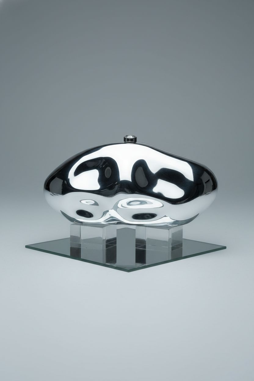 Blinkgooblink silver clutch purse on a grey backdrop, highlighting its sleek design and craftsmanship.