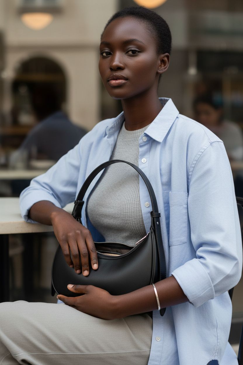 CHOLISS vegan leather crescent bag resting on lap at a sunlit café with silver accents