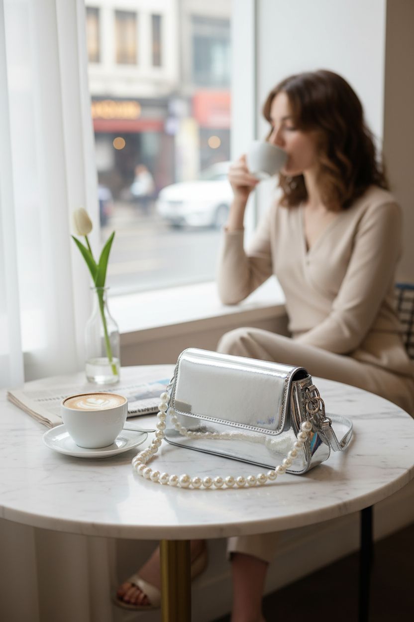Elegant silver purse by shoowyees, beautifully placed in a café setting with morning light and a floral accent.