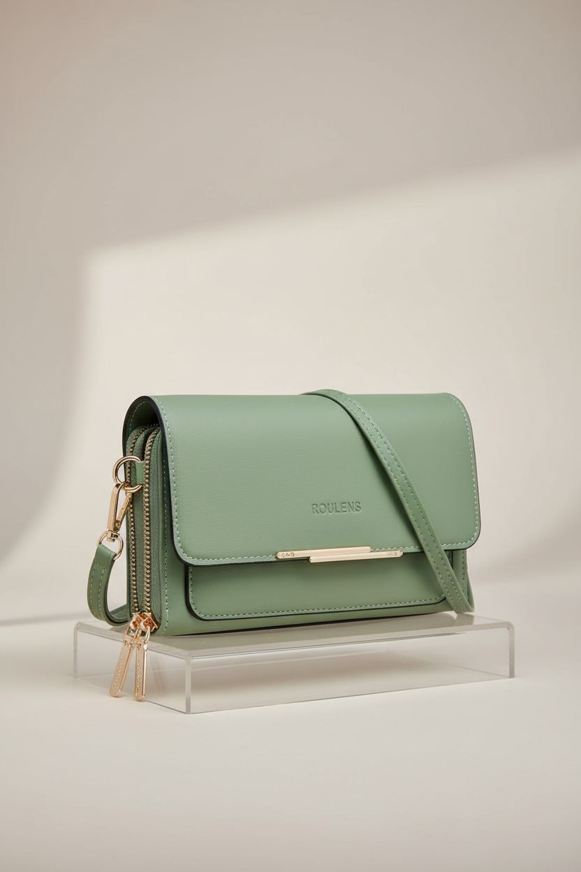 Front view of Roulens Small Crossbody Bag in PU leather, highlighting its refined stitching and compartments